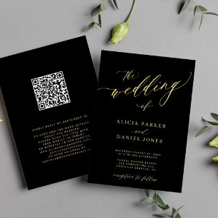Convites Código QR casamento romântico elegante de ouro neg