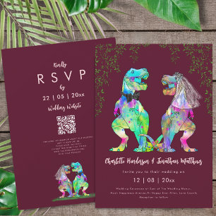 Convites Código QR Casamento Rosa Bege Burgundy Dinossauro 