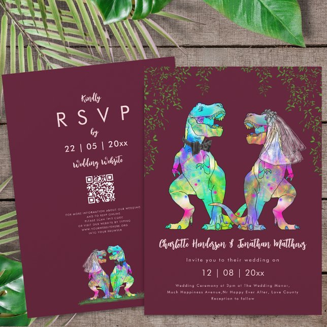 Convites Código QR Casamento Rosa Bege Burgundy Dinossauro  (Colorful T-Rex bride and groom dinosaur burgundy blush pink wedding qr code invitation)