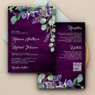 Convites Código QR Casamento Roxo Eucalipto Lavanda Rústico
