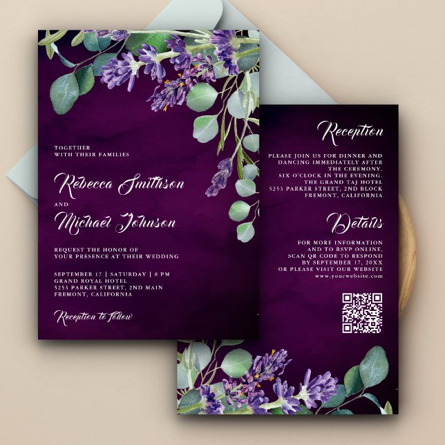 Convites Código QR Casamento Roxo Eucalipto Lavanda Rústico (Criador carregado)