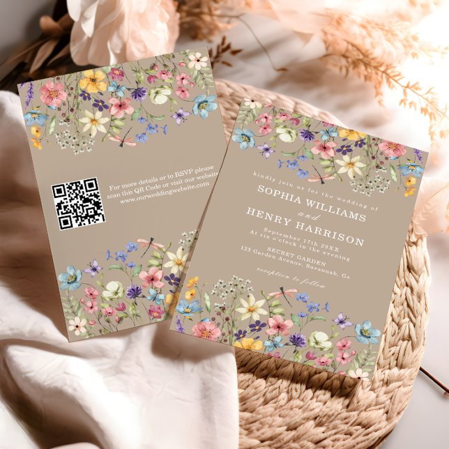 Convites Código QR Casamento Rústico Campo Tons Taupe Flor  (Criador carregado)