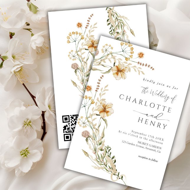 Convites Código QR Casamento Simples de Flores Selvagens (Criador carregado)