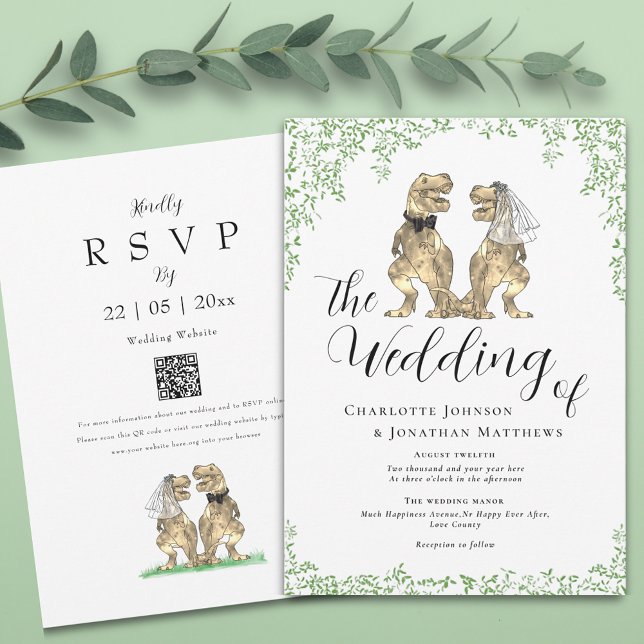 Convites Código QR Casamento Tema Dinossauro (Botanical dinosaur wedding invitation with elegant script  watercolor eucalyptus foliage and qr code)