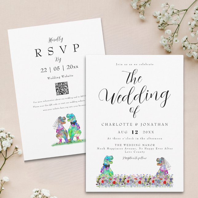 Convites Código QR Casamento Tema Dinossauro (Boho wildflower dinosaur wedding invitation with qr code)
