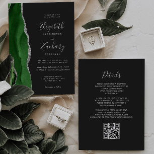 Convites Código QR Casamento Verde Ágata Prata Escuro