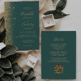 Convites Código QR Casamento Verde Escuro Brilho Dourado Mo