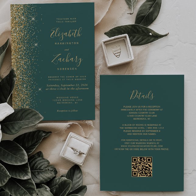 Convites Código QR Casamento Verde Escuro Brilho Dourado Mo (Criador carregado)
