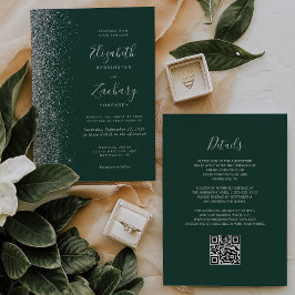 Convites Código QR Casamento Verde Esmeralda Brilho Pratead