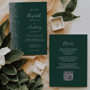 Convites Código QR Casamento Verde Esmeralda Brilho Pratead