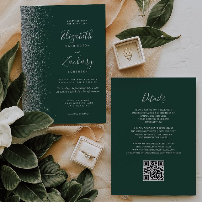 Convites Código QR Casamento Verde Esmeralda Brilho Pratead (Criador carregado)
