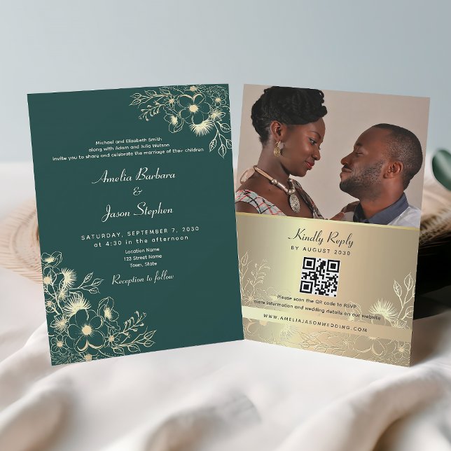 Convites Código QR Casamento Verde Esmeralda Dourado (Criador carregado)