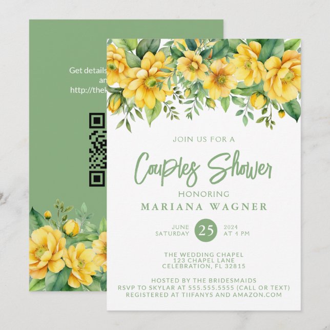 Convites Código QR Chuva de Casal Floral Salvia Amarela (Frente/Verso)
