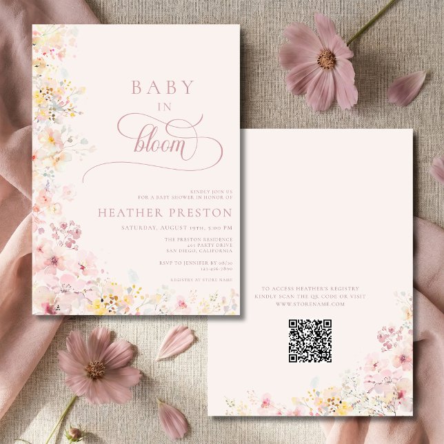Convites Código QR Chuveiro de Bebê Bebê Rosa em Flor (Criador carregado)