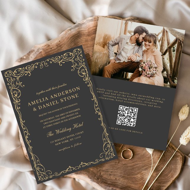 Convites Código QR Cinza de carvão Foto Casamento Minimalis (Criador carregado)