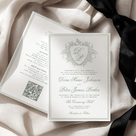 Convites código QR clássico crista monograma casamento verd