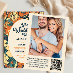 Convites Código QR Colorido Casamento Floral Retro Groovy 7