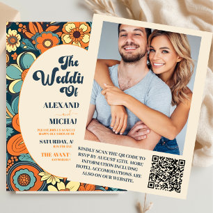 Convites Código QR Colorido Casamento Floral Retro Groovy 7