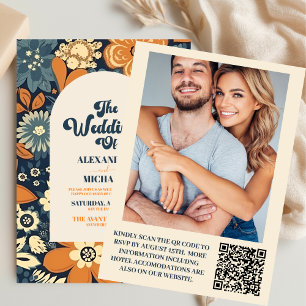 Convites Código QR Colorido Casamento Floral Retro Groovy 7