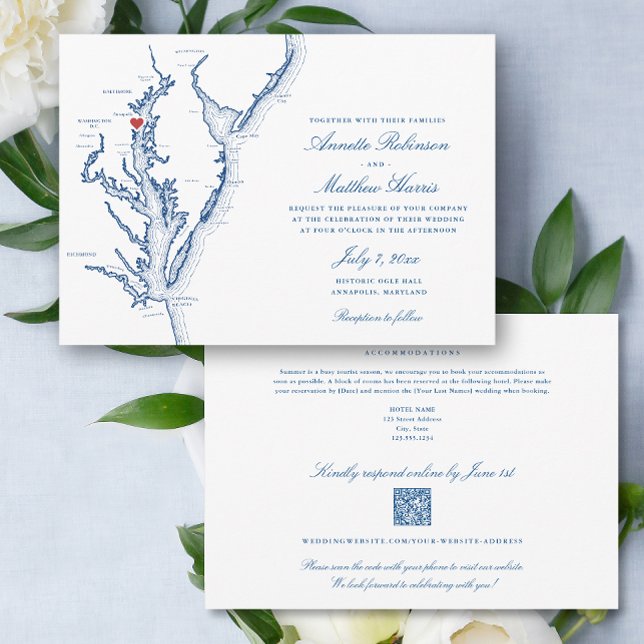 Convites Código QR completo de North Beach MD RSVP Wedding (North Beach MD all-in-one QR code Wedding Invitation in elegant navy blue with details on the back )
