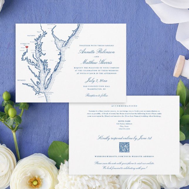 Convites Código QR completo em Washington DC RSVP Blue Wedd (Washington DC All-in-One QR code Wedding invitation in elegant navy blue from Coastal Map Designs)