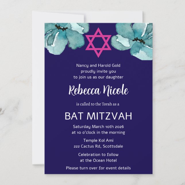 Convites Código QR Cor-de-Água Rosa Bat Floral Mitzvah (Frente)