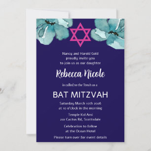 Convites Código QR Cor-de-Água Rosa Bat Floral Mitzvah