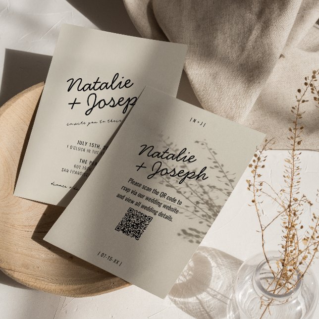 Convites Código QR Creme Negro Moderno Casamento Imporal (Criador carregado)