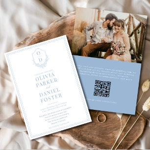 Convites Código QR Crest Dusty Blue Foto Moderna Casamento