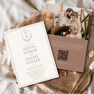 Convites Código QR Crest Mocha Brown Foto Moderna Casamento