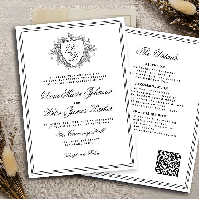 Convites código QR crista monograma preto e branco casament (Criador carregado)