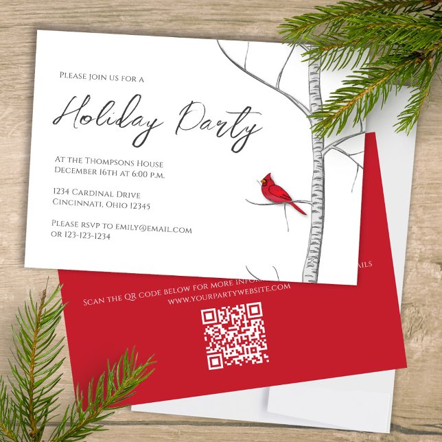 Convites Código QR da Árvore de Birmanês Vermelho Simples F (Simple Holiday Party invitation with a winter woodland red cardinal bird.)