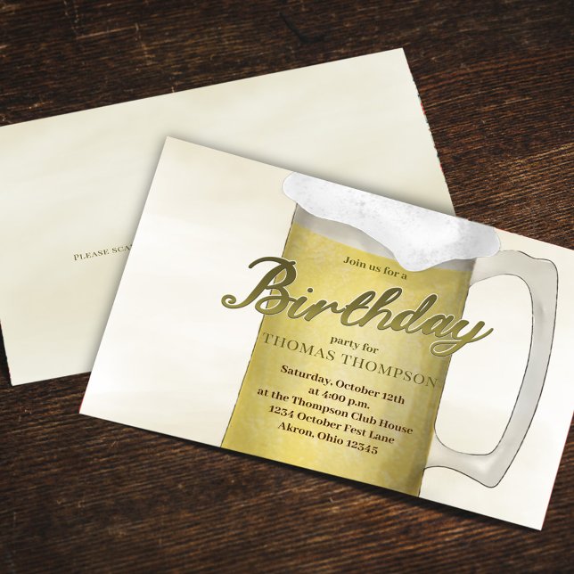 Convites Código QR da Beer Dourada com Aquarela de festa de (Birthday party golden lager beer glass invitation )