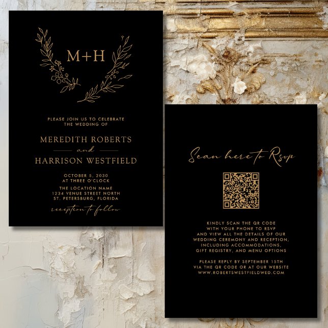 Convites Código QR da coroa monográfica Dourada no Casament (Elegant Monogram Laurel Wreath QR Code Gold on Black Wedding Invitation)