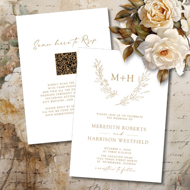Convites Código QR da coroa monográfica Dourado no Casament (Elegant Monogram Laurel Wreath QR Code RSVP Double Sided Gold 
 on White Wedding Invitation)