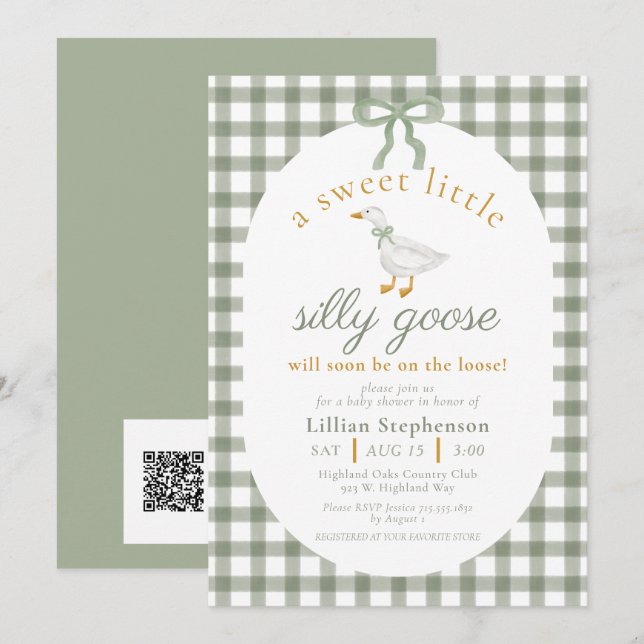 Convites Código QR da Festa de Bebê Silly Goose Green Gingh (Frente/Verso)