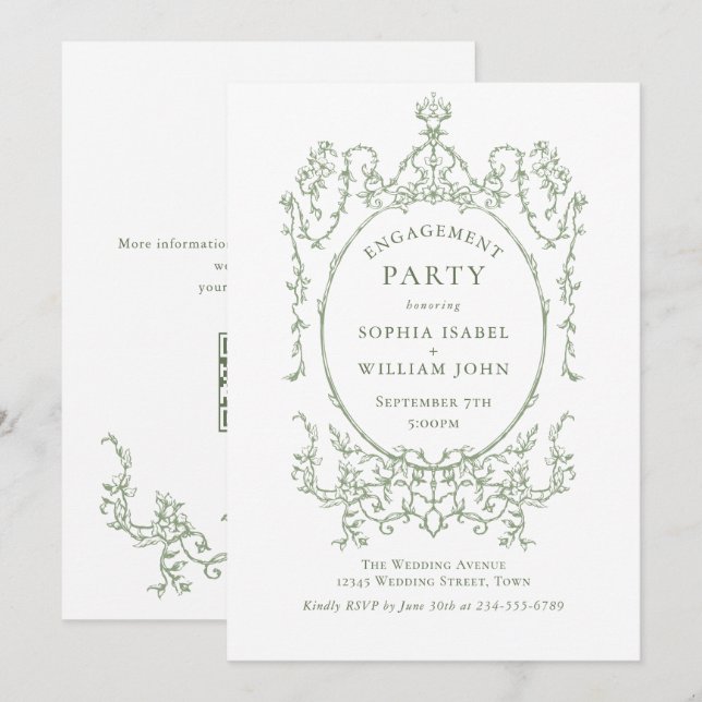 Convites Código QR da FESTA DE NOIVADO Verde do Victorian S (Frente/Verso)