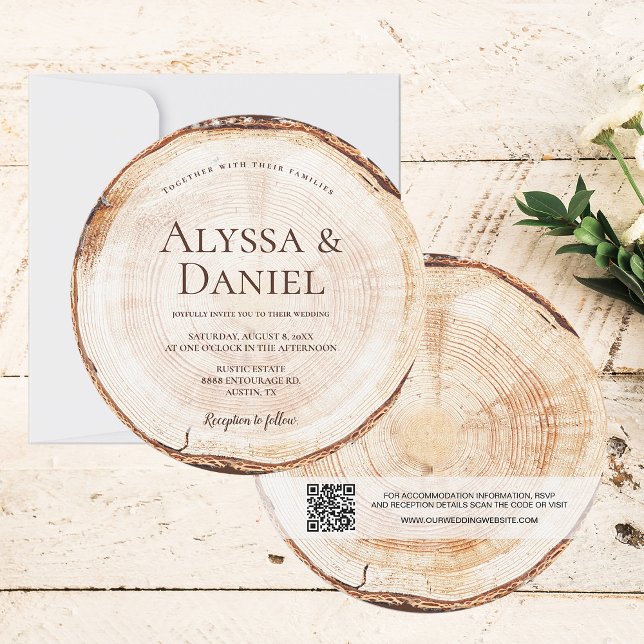 Convites Código QR da Madeira Cortada Detalhes do Casamento (Unique round rustic wedding invitation with wood grain tree ring and instantly generated QR code.)