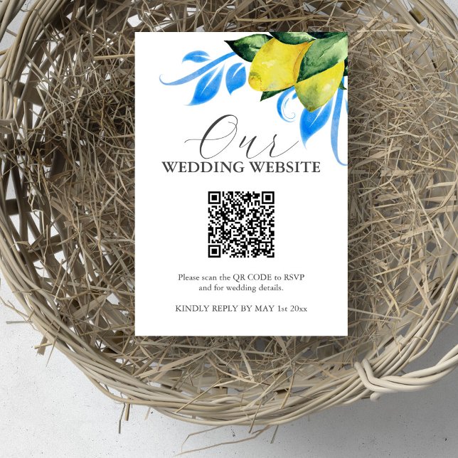 Convites Código QR da placa RSVP do Site de Casamento do Me (Wedding invitation insert website QR code watercolor lemon art by Victoria Grigaliunas)