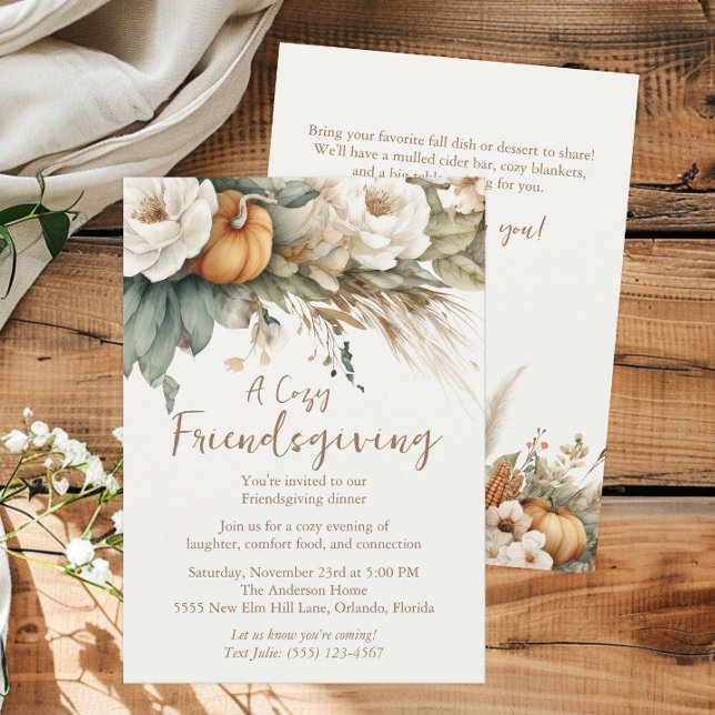 Convites Código QR de Abóboras Florais Boho Neutras para o  (Boho neutral floral, greenery, and pumpkins Friendsgiving invitation)