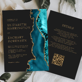 Convites Código QR de Ágata Dourada Azul Turquesa Casamento