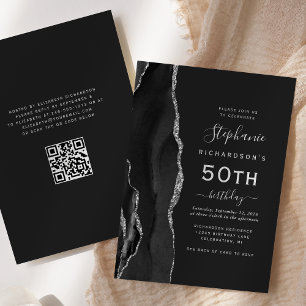 Convites Código QR de Ágata Prata Preto para 50º Aniversári