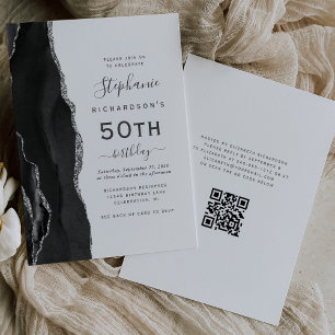 Convites Código QR de Ágata Prata Preto para 50º Aniversári