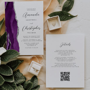 Convites Código QR de Ágata Prata Roxa Casamento