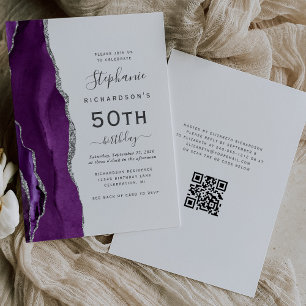 Convites Código QR de Ágata Prata Roxa para Aniversário de