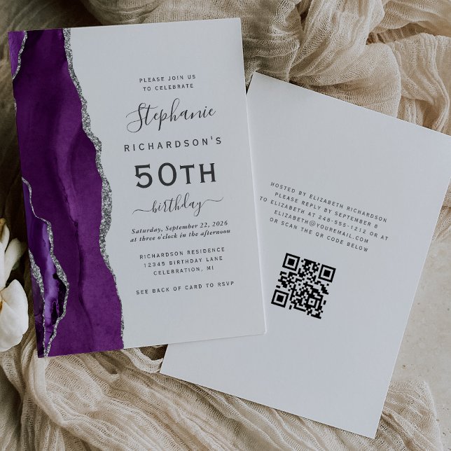 Convites Código QR de Ágata Prata Roxa para Aniversário de  (Criador carregado)