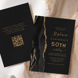 Convites Código QR de Agate Dourado Preto - 50º Aniversário