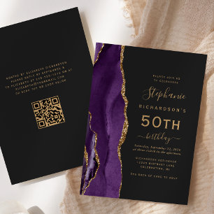 Convites Código QR de Agate Dourado Roxo 50º Aniversário