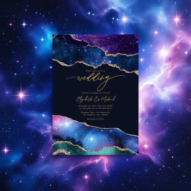 Convites Código QR de Agato Dourado e Azul Galáxico Elegant (Elegant Galaxy Blue, Purple & Gold Agate QR Code Invitation)