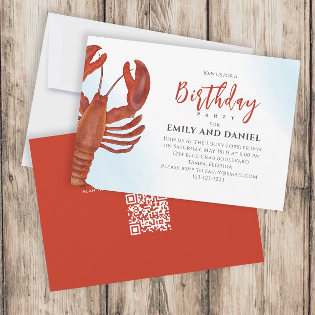 Convites Código QR de aniversário simples aquarela Red Lobs (Criador carregado)